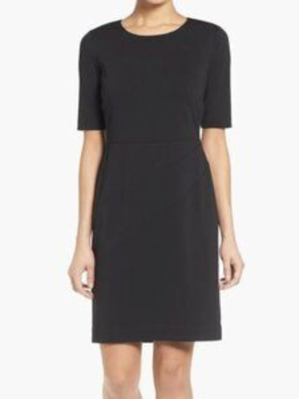 Ellen Tracy Black Ponte Sheath Dress Asymmetric Seaming LBD Office Workwear